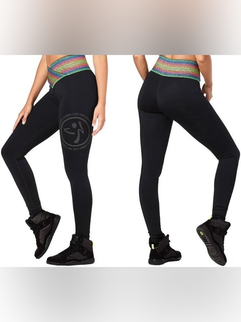 Zumba Fitness Zumba Inspire Black Leggings with Rainbow High-Waist Band Med NWT